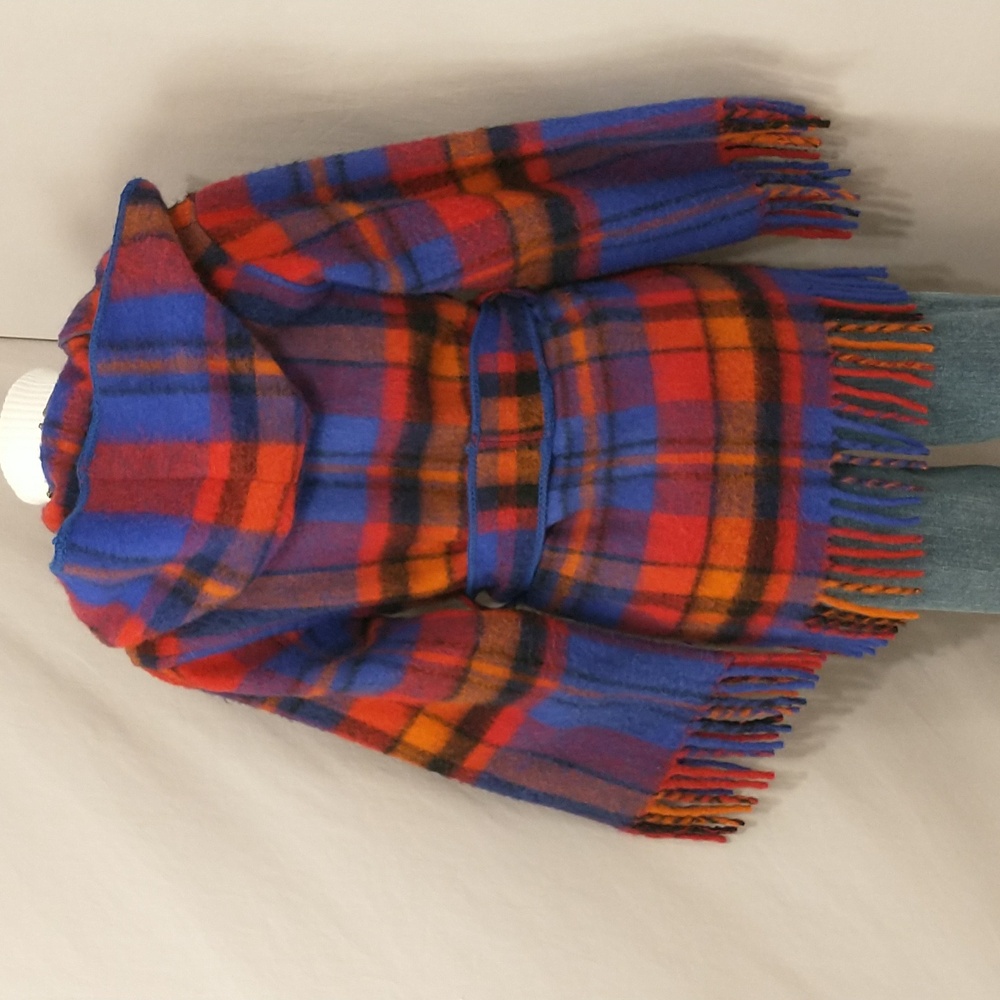Vintage Bright Wool Wrap Jacket Plaid Blanket Coat Hooded Pockets Fringe Edge - Picture 4 of 16
